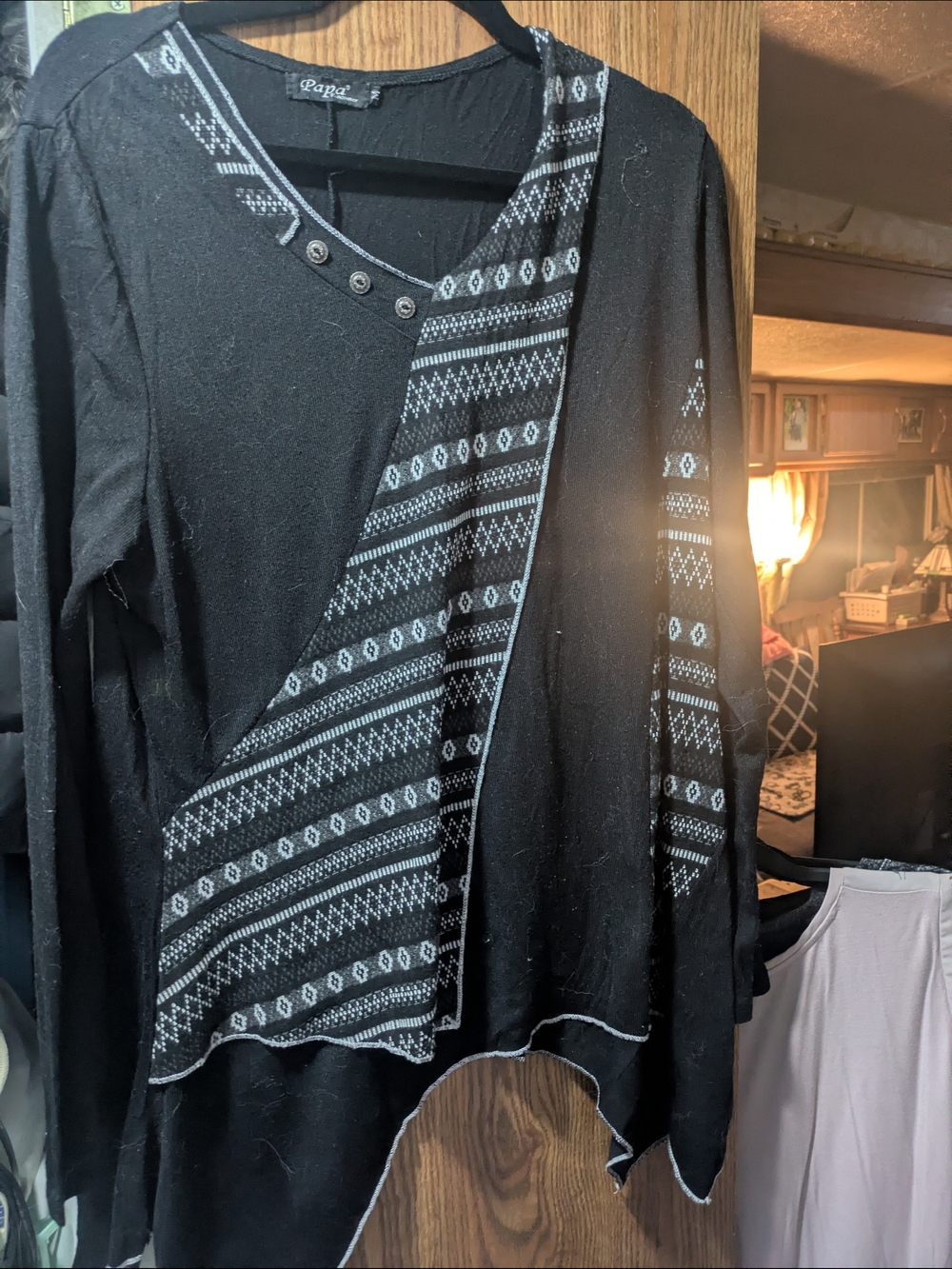 Papa Black Long Sleeve Patterned Asymmetrical Top